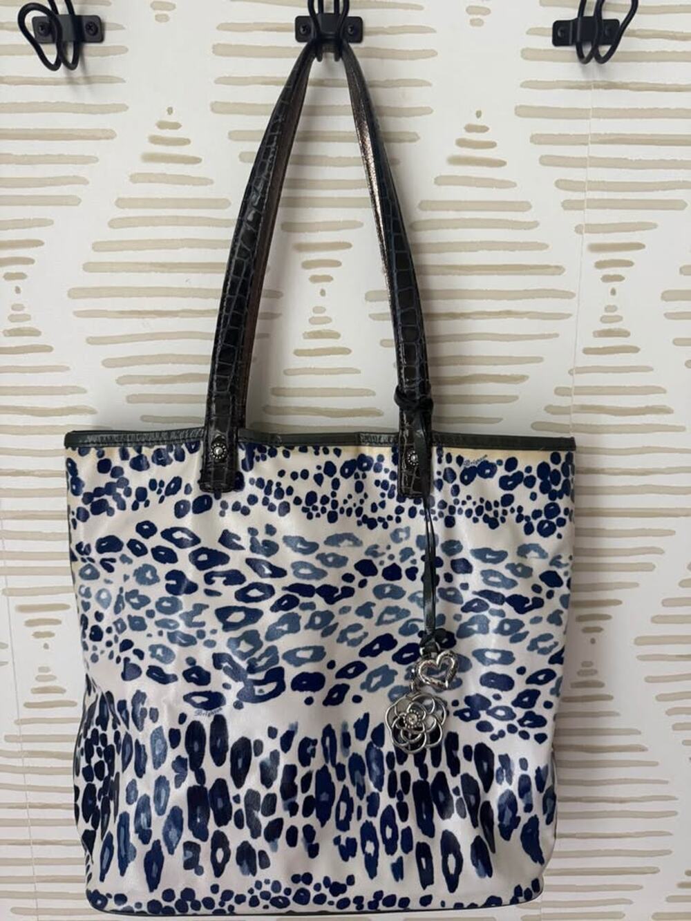 Brighton Large Laminated Blue Black Leopard Animal Print Tote Bag
